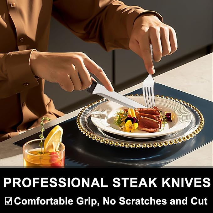 49-Piece Hammered Silverware Set with Organizer, Food-Grade Stainless Steel Flatware for 8, Cutlery Utensil Sets with Steak Knives, Rust-proof, Mirror Polished, Dishwasher Safe, Wave Hammered