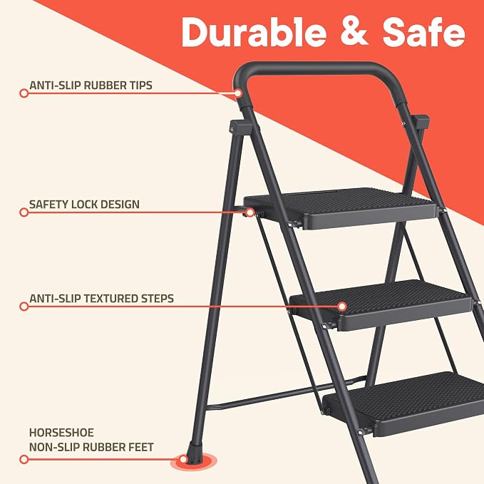 Black 3 Step Stool Foldable – Heavy-Duty Foldable Step Stool for Adults, 500 lbs Capacity, Anti-Slip Feet & Wide Steps, Sturdy Steel Frame, Lightweight & Space-Saving Design for Home, Kitchen & Garage