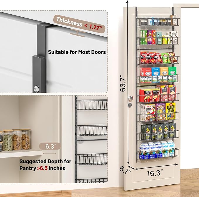 ElegantArray 8-Tier Pantry Door Oragnizer, Over The Door Pantry Organizer Rack and Storage, Hanging Spice Rack Shelves Door, Home Office Laundry Room Bathroom & Kitchen Organization, Deep Gray
