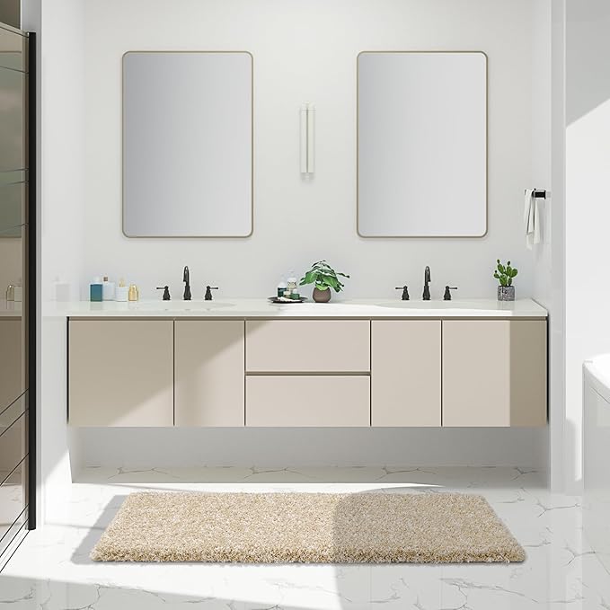 Yimobra Luxury Bathroom Rugs, Fluffy Bath Mats, Non Slip, Water Absorbent Microfiber, Machine Washable, Plush Runner Shower Rugs, Thick Matts for Bathroom Floor/Tub, 60" X 24", Light Beige and White