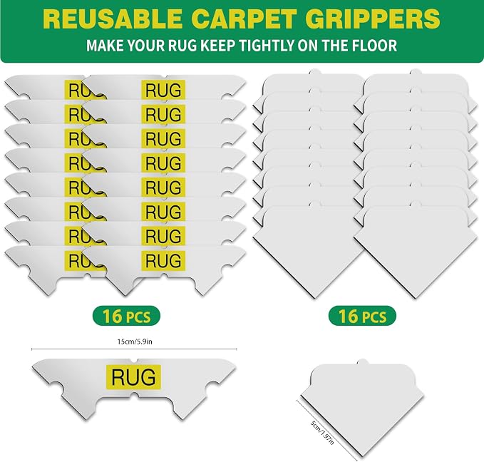 32 PCS Carpet Tape, Non Slip Rug Corner Pads for Hardwood Tile, No Residue | Reusable Removable Double Sided Adhesive,Secures Area Rug Corners,Fits Laminate LVP Floors,Rug Stickers,No Floor Damage
