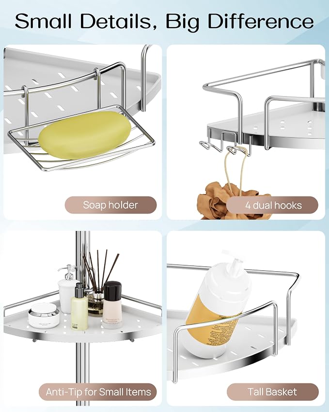ALLZONE Corner Shower Caddy Tension Pole, 4 Hang-On Basket with Mixed-Height Shelves for Various Bottle Sizes, Extra Hooks & Soap Holder, Rustproof Stainless Steel, Fits 34–116 Inch, Silver/White