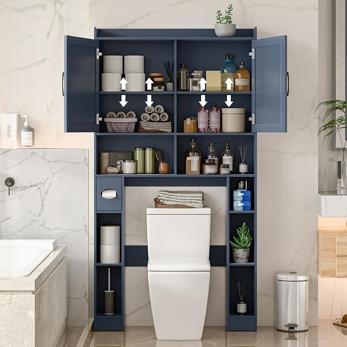 Over The Toilet Storage Cabinet, Farmhouse Toilet Cabinet Rack with Barn Doors, Space Saving Bathroom Organizer with Shelves, Toilet Paper Holder and Towel Rack for Bathroom,Restroom,Laundry,Blue