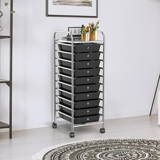 10-Drawer Rolling Storage Cart, Trolley w/Lockable 360° Wheels, 10 Removable PP Drawers, Sturdy Metal Frame, Rolling Utility Cart Perfect for Home, Office, Classroom (Black)
