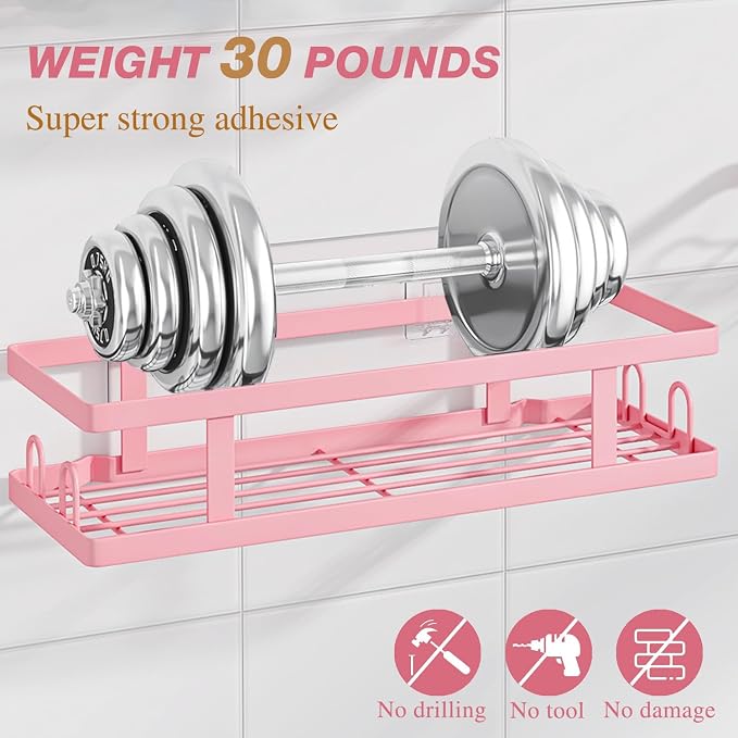 Youvip Adhesive Shower Caddy,Shower Shelves with Soap Holder and 12 Hooks,No Drilling Bathroom Organizer and Storage,Pink,3 Pack