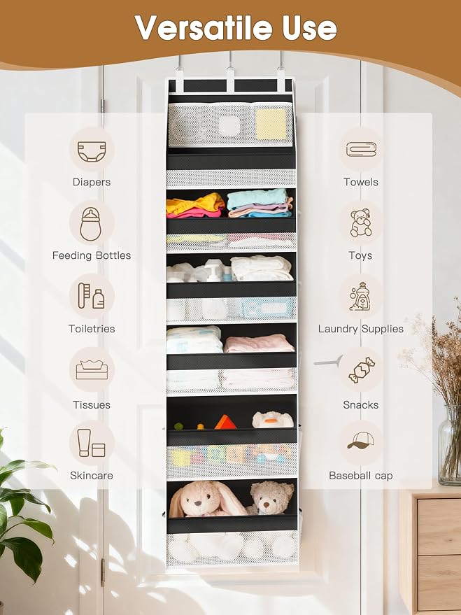 Criusia Over the Door Organizer, Heavy-Duty 6-Shelf Hanging Storage with 13 Mesh Pockets, 55lbs Capacity Behind the Door Storage for Nursery, Bathroom, Bedroom, and Dorm, Black