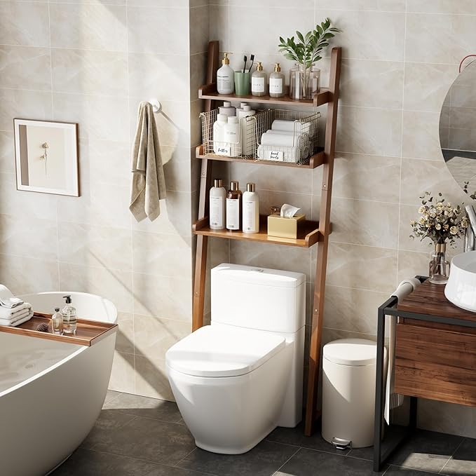 Over The Toilet Storage Shelf Wood, 3-Tier Above Toilet Organizer Rack, Freestanding Above Toilet Shelf for Bathroom, Laundry, Space Saver, Walnut Color.