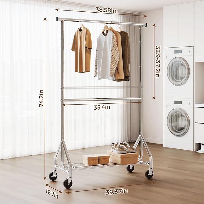 HYSEYY Heavy Duty Clothes Rack, Double Rod Clothing Rack for Hanging Clothes, Rolling Garment Rack, Adjustable Freestanding Wardrobe Closet Coat Rack for Bedroom Laundry Living Room, Silver