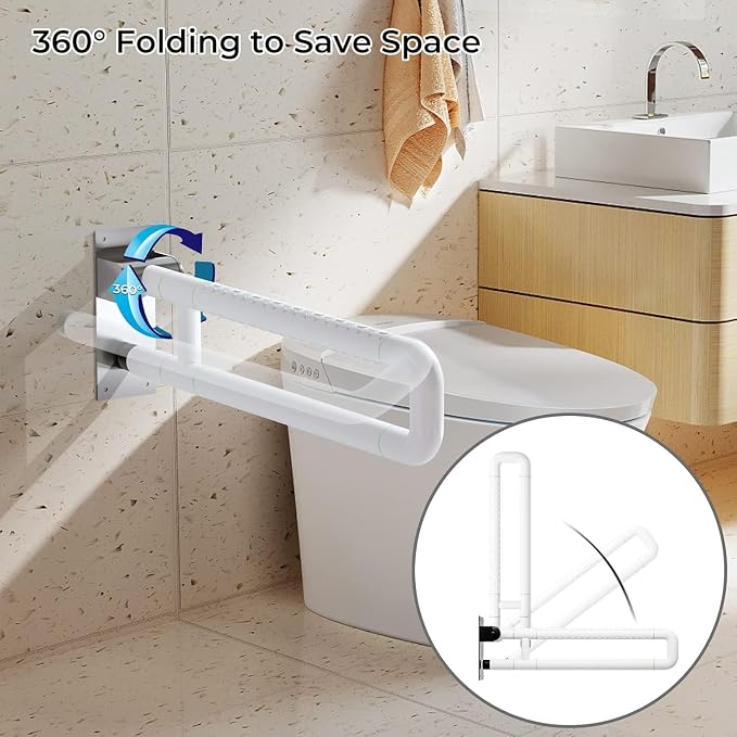 Flip Up Grab Bar for Toilet: Upgraded 23.6 Inch Handicap Grab Bars for Bathroom - Wall-Mount, Non-Slip Toilet Handles with Glows at Night, Suitable for Elderly Pregnant Women and Disabled