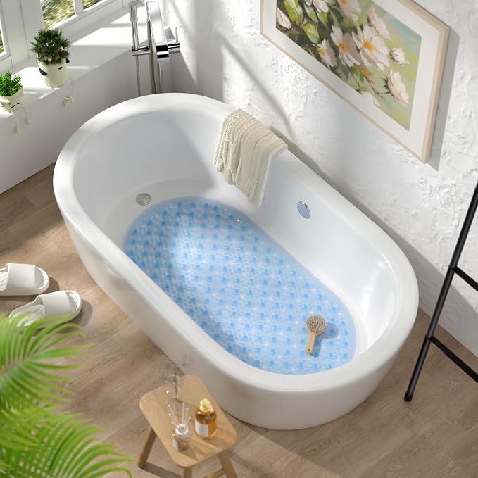 HITSLAM Oval Bathtub Mat Non Slip, 27x15 Inch Bubble Bath Tub Mat for Bathroom, Machine Washable Shower Mat with Suction Cups and Drain Holes, Blue