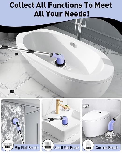 Shower Scrubber with Long Handle, Shower Cleaner Brush with 8 Floor Machine Pads, Cordless Electric Spin Scrubber for Cleaning with 2 Speed, Cleaning Supplies for Bathroom Bathtub Kitchen Floor Toilet