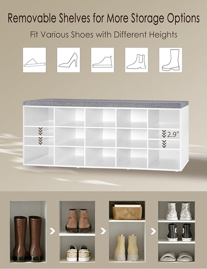 DINZI LVJ Shoe Storage Bench with Cushion, 15-Cubby Shoe Rack, Adjustable Shelves, Long Shoe Organizer Bench for Entryway, Mudroom, Hallway, Living Room, Bedroom and Garage, White