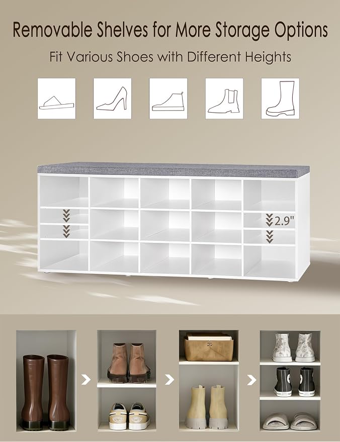 DINZI LVJ Shoe Storage Bench with Cushion, 13-Cubby Shoe Rack, Adjustable Shelves, Multifunctional Shoe Organizer Bench for Entryway, Mudroom, Hallway, Living Room, Bedroom and Garage, White