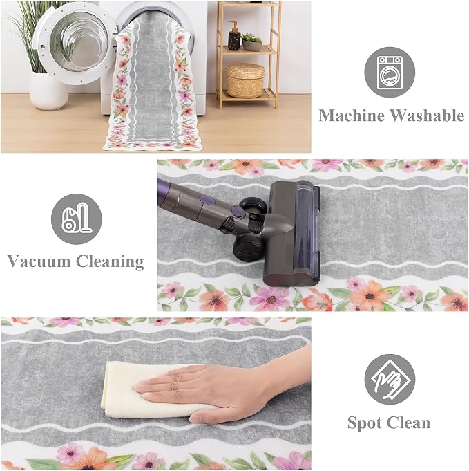 Vaukki Boho Kitchen Rug Sets 3 Pieces, Washable Kitchen Mats for Floor, Non Slip Soft Kitchen Area Rug Floor Mat for Kitchen, Laundry Room and Hallway (Flower-Grey, 20''x32''+20''x47''+20''x59'')