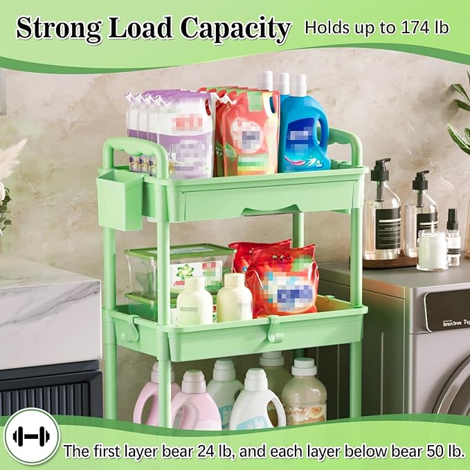 SUNALLY 4 Tier Rolling Utility Cart with Drawer, Storage Organizer Cart with 2 Lockable Wheels, Multifunctional Rolling Storage Cart for Bathroom, Kitchen, Craft, Makeup, Baby Essentials, Green