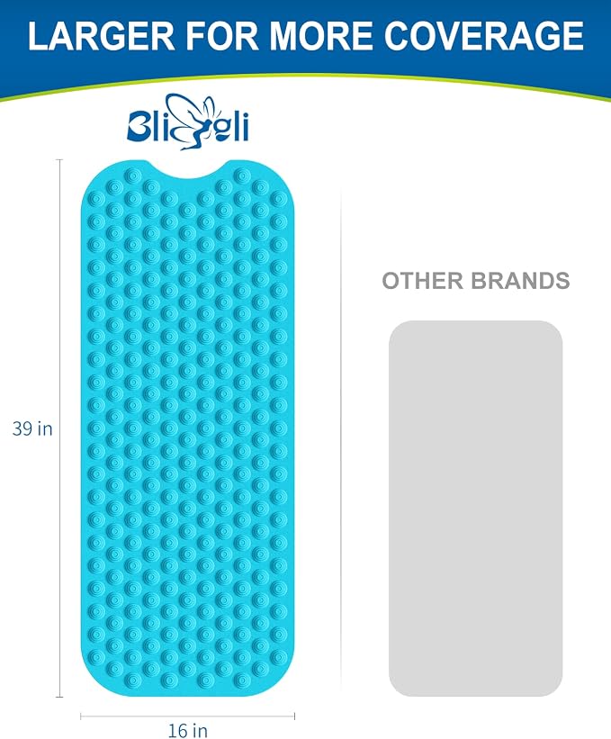 Bligli Bathtub Mat Non-Slip Without Suction Cups, 39x16inch Extra Long Bath Mats for Shower Bathroom, Machine Washable Natural Rubber Shower Tub Mat (39x16inch, Blue)