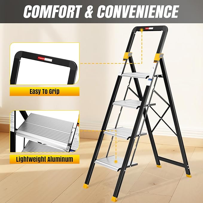 KINGRACK 4 Step Ladder, Aluminium Folding Step Stool with Anti-Slip Wide Pedals & Comfortable Handrail, 330lbs Load Capacity, Space Saving Design for Home & Kitchen, Sturdy and Portable, Silver