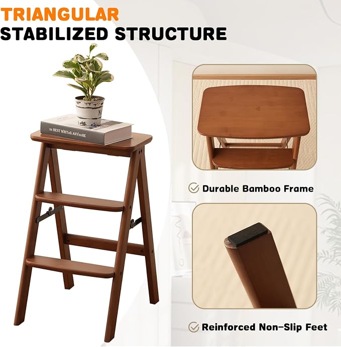 Baveke 3 Step Ladder Folding Step Stool, Wooden Step Stool Foldable, Folding Step Stools for Adults, Bamboo Kitchen Ladder, Three Stepladder for Library (Brown, FSC-Certified Bamboo)