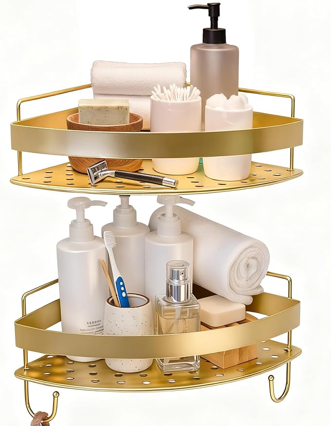 Corner Shower Shelves, 2-Tier Gold Shower Candy with 4 Hooks, Stainless Steel Bathroom Shower Organizers, Wall Mounted Caddy Shelves No Drilling with Adhesive, Triangle Storage Shelf for Toilet
