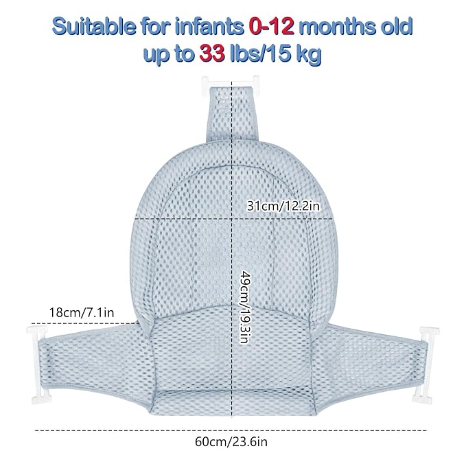 Colorlife Baby Bath Seat Support Net Infant Bathing Seat Support Mat, Adjustable Comfortable Non-Slip Three-Pointed Baby Shower Net Bathtub Sit Up Mesh for Newborn 0-12 Months-Gray(No Bathtub)
