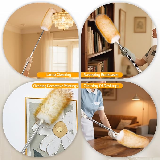 Extendable Lambswool Duster Stainless Steel Handle 133" Removable Feather Duster for Cleaning Ceiling Fans Interior Roof Furniture, Yellow