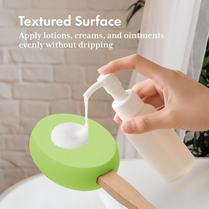 AmazerBath Lotion Applicator for Back, Feet, 4 Replacement Pads with 17" Curved Handle, Back Sunscreen Applicator for Kids, Elderly, Apply Skin Cream Medicine Moisturizer Tanner, Soft Grass Green