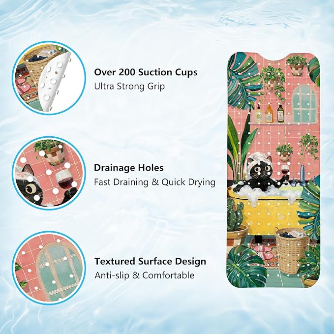 Cute Cat Bath Mat for Tub Non Slip, 40"x16" Aesthetic Bathtub Mat Women, Machine Washable Cats Tub Mats with Suction Cups and Drain Holes for Girls Kids, Cats Shower Mat for Cat Lovers Bathroom Decor