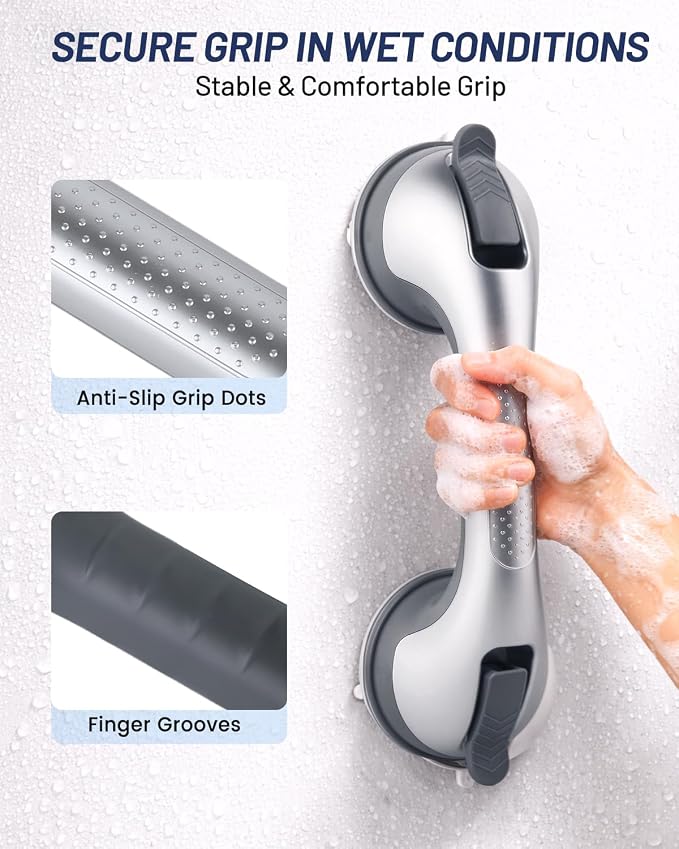 2 Pack Gel-Enhanced Shower Grab Bars for Seniors and Elderly, Heavy Duty Suction Safety Bars for Bathtubs and Showers, No Drilling Removable Bathroom Handles for Tub and Shower Support