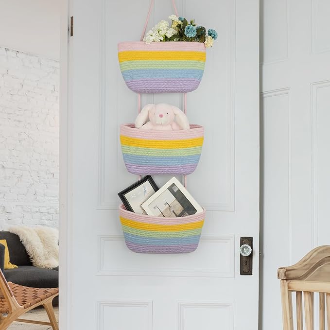 TeoKJ Over the Door Hanging Basket, 3-Tier Woven Cotton Wall-Mounted Storage Organizer Bag Decorative Hanging Nursery Baskets, Rainbow