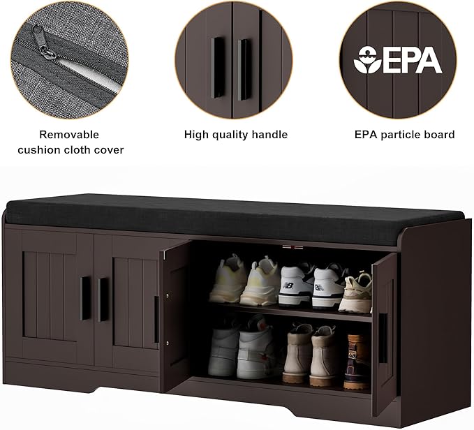 Homleke 2-Tier Storage Bench, Shoe Bench with Thickened Padded Seat Cushion, Entryway Bench with 4 Doors, Adjustable Shelf, 13.8" D x 45.3" W x 18.5" H, for Entryway, Living Room, Bedroom, Brown