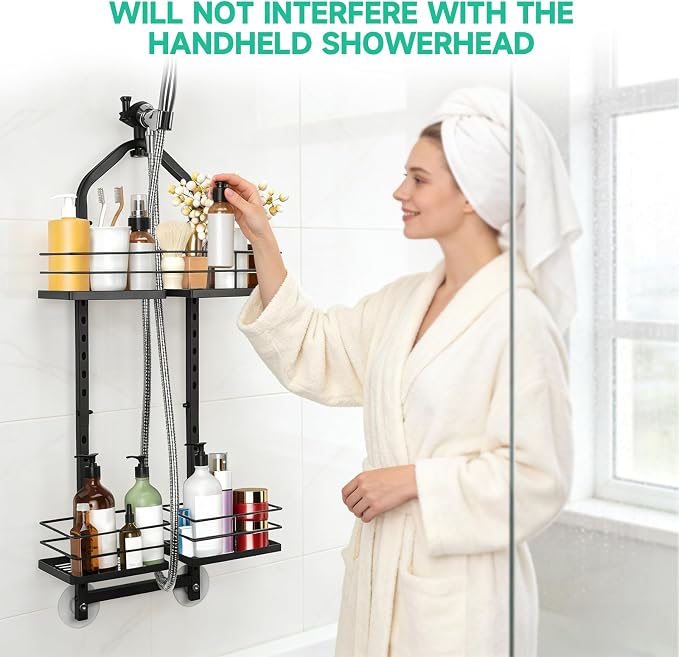 Shower Caddy Hanging for Handheld Showerheads Adjustable Hagging Shower Caddy, Stainless Steel Hose Hanging Shower Organizer 4 Levels Height Shower Rack（black