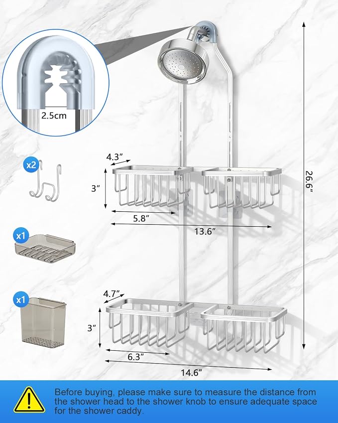 Adjustable Shower Caddy Hanging for Handheld Showerheads - Never Rust Shower Hanging Organizer, Upgraded Bathroom Shower Rack with Soap Basket, Hooks and Toothbrush Holder (Silver)