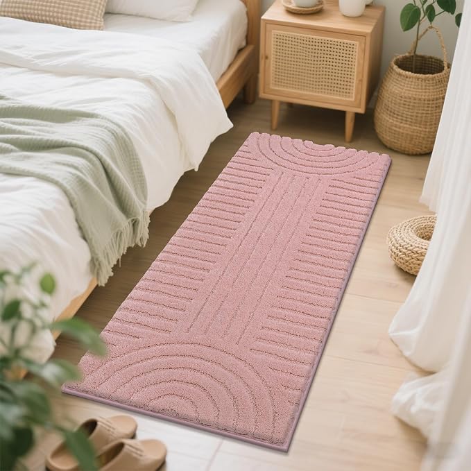 SHACOS Super Soft Bathroom Runner Rugs 24"x60" Non Slip Boho Bathroom Mats Microfiber Absorbent Carpet for Bath Room Machine Washable Shaggy Bath Rugs for Shower Bathtub Home Decor, Grey Pink 2'x5'