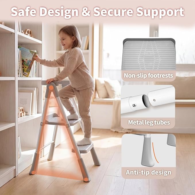 Toddler Step Stool Foldable, Kids Step Stools for Kitchen Counter, Foster Independence Learning Stool with Safety Guards&Net, Toddler Sturdy Standing Tower Kitchen Helper, Grey
