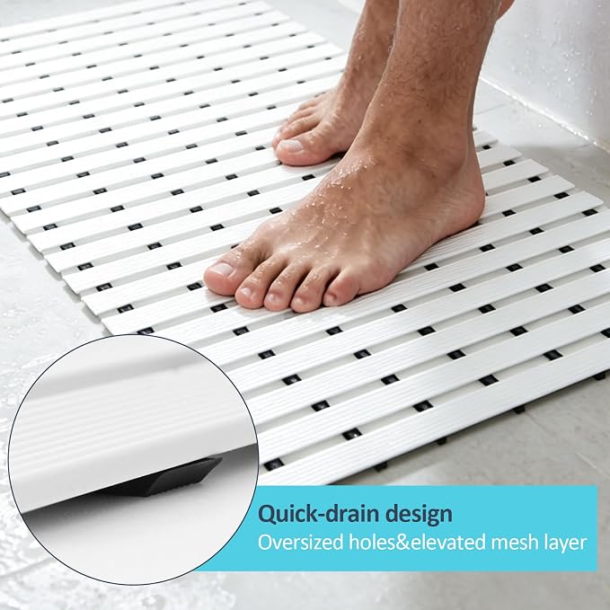 White Weighted Non Slip Bathtub Mat Without Suction Cups,Textured TPE Bath Mat for Textured Tub & Shower Surfaces,Doesn't Float, Works on Tile and Stone(33.8”x 17”)