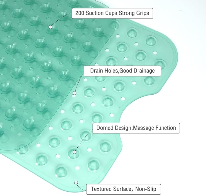 Extra Long Bathtub Mat Non Slip, Clear Green Soft Bath Mat for Tub 40 x 16 Inch Full Size, Bath Tub Shower Mats for Bathroom Floor, Big Suction Cups and Drain Holes, Easy Washable, BPA Free