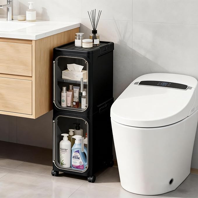LXLXXL Narrow Storage Cabinet Slim Bathroom Storage Cabinet with Movable Wheels Tall Bathroom Organizer Skinny Cabinet for Small Spaces，2-Tier Black
