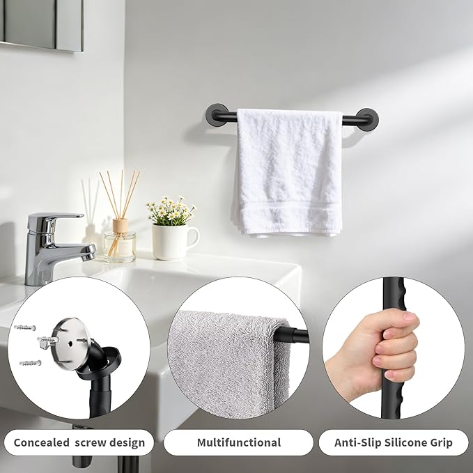 Anti-Slip Grab Bars 12 Inch w/Silicone Grip, iMomwee Stainless Steel Wall Mounted Bathroom Grab Bar Handle, Matte Black Safety Shower Handrail for Senior, Handicap Balanced Support Bars