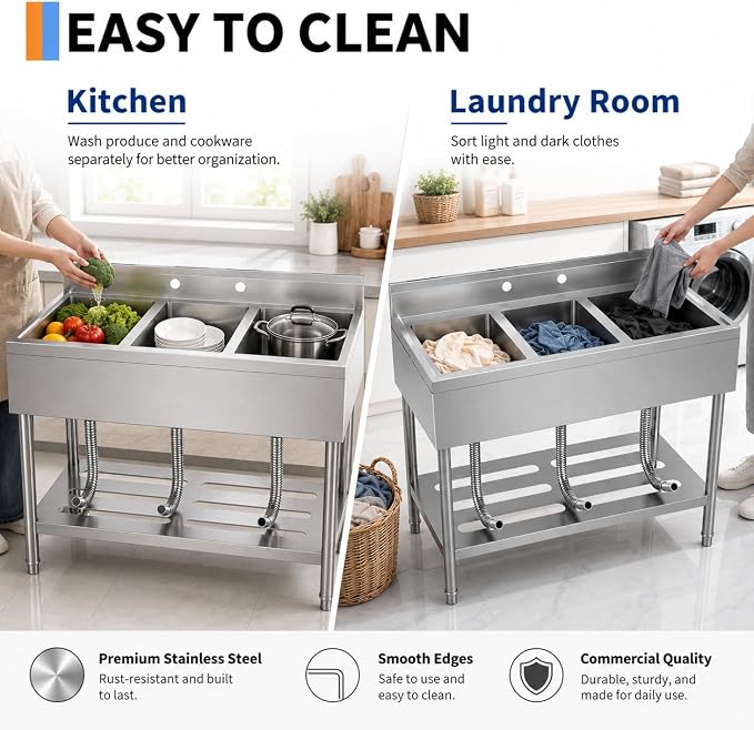 Stainless Steel Utility Sink, 39 x 19 x 33 Inch Freestanding Single Bowl Laundry Sink With Workbench Top, Deep Basin for Garage, Basement, Laundry Room, Faucet-Ready Design