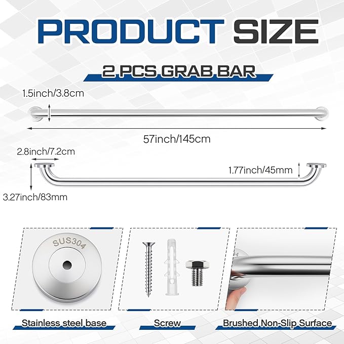 Zonon 2 Pcs 57 Inch Grab Bar for Bathroom Shower Toilet Bathtub, Stainless Steel Extra Long Safety Grab Bar for Elderly, Heavy Duty Shower Support Handle for Seniors Handicapped (Classic Style,Silver)