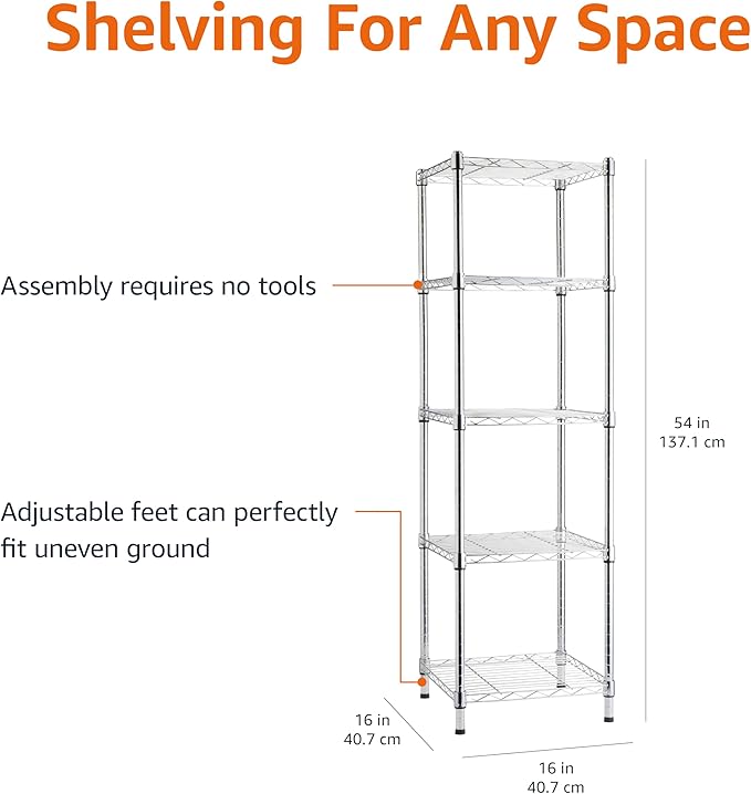 Amazon Basics 5-Shelf Tower Adjustable Storage Shelving Unit, Chrome, 16" x 16" x 54", 150 lbs Per Shelf | Tower