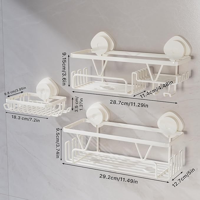 KEGII Shower Caddy Suction Cup – 3 Pack Suction Bathroom Organizer Shelf with Soap Holder & Hooks, Rustproof Removable Shower Organizer for Shampoo, Metal Bathroom Storage Rack, Cream White