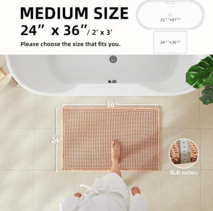 TYUU Waffle Bath Mat, Boho Bathroom Rugs Non Slip Washable Super Absorbent Quick Dry Bath Mat Farmhouse Bathroom Decor, 36"x24" Light Peach