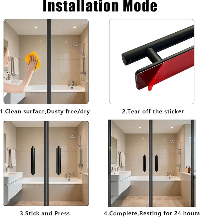 Self-Adhesive Shower Door Handle 6 Inch Black Matte，Glass Shower Door Handle，Widely Used in Bathroom Glass Doors, Wooden Doors, etc.