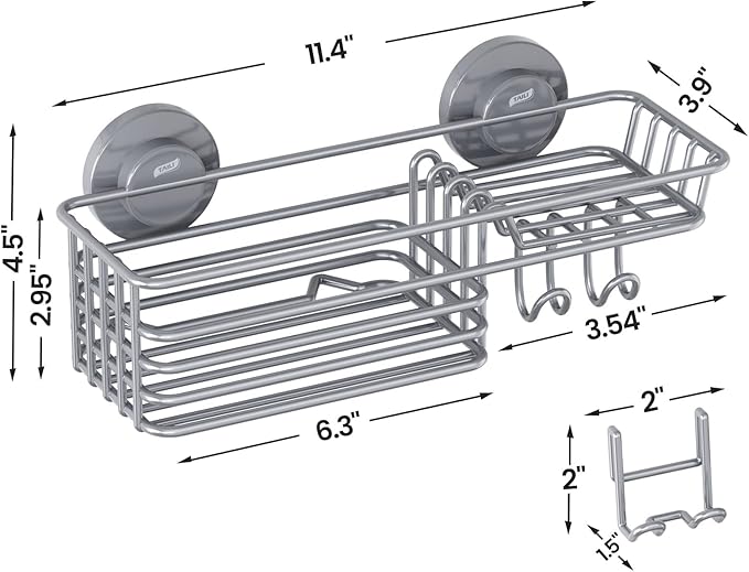 LEVERLOC Shower Caddy Suction Cup, Heavy Duty Bathroom Organizer for Inside Shower with Hooks & Soap Holder， NO-Drilling Bathroom Shower Holder-Grey