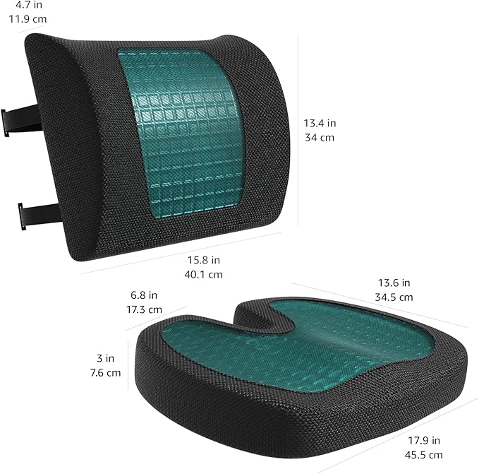 Amazon Basics Comfortable Seat Cushion & Lumbar Support for Office Chairs, Gel Enhanced Memory Foam, Non-Slip, Cooling, Portable, Pack of 2, Rectangular, Black