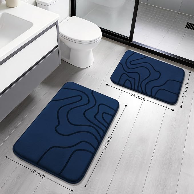 YIHOUSE Memory Foam Bathroom Rugs Sets 2 Piece - Extra Thick Ultra Soft Absorbent Bath Mat Set, Non-Slip Machine Washable Bath Rugs for Bathroom, Tub & Shower, Home Decor (32"x20"+24"x17", Dark Blue)