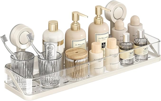 Suction Cup Shower Caddy, Removable Bathroom Organizer Shelf for Shower Storage, No Drilling Clear Square Shower Shelves, Large Capacity & Reusable, Home & Kitchen White