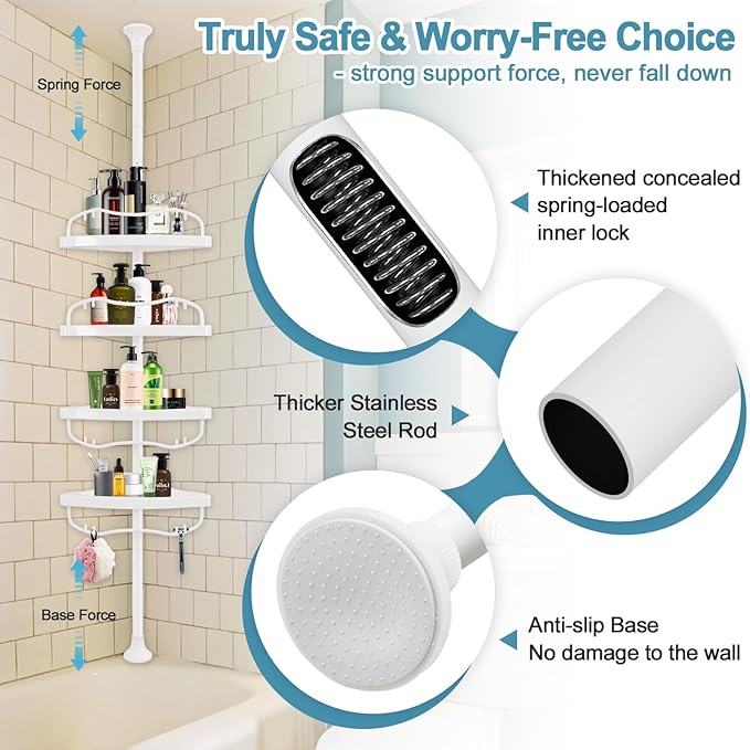 Corner Shower Caddy Tension Pole, Rustproof Bathtub Storage Organizer with 4 Adjustable Shelves, Bathroom Shower Rack Shampoo Holders for Inside Shower, 40"-120" Floor to Ceiling Shower Caddy White
