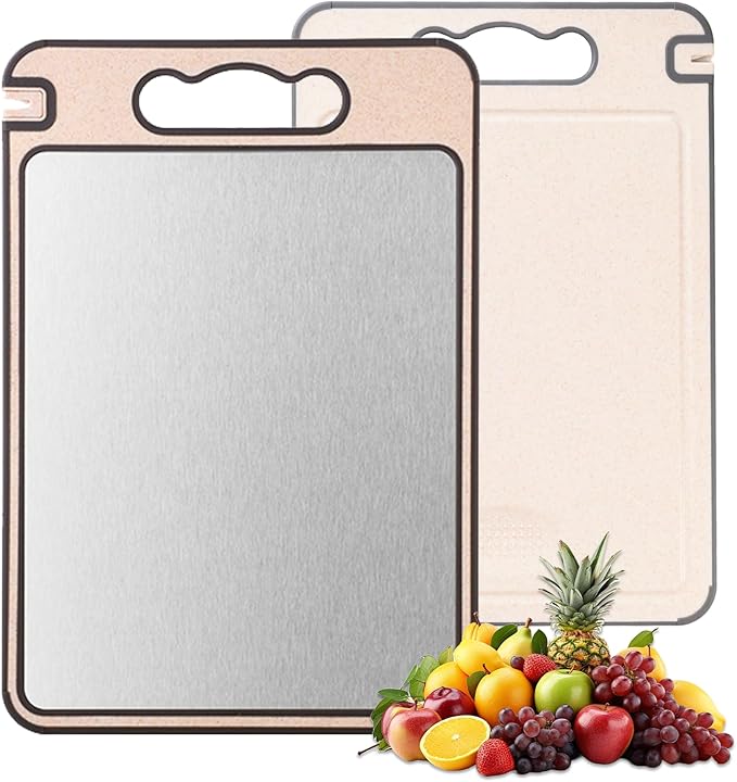 2-IN-1 Titanium Cutting Board for Kitchen Pure Titanium and Wheat Straw PP，Odor Resistant & Easy to Clean15.8x10.6 Inch, (Beige Titanium)